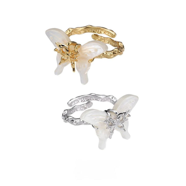 FJW S925 sterling silver mother of pearl butterfly adjustable ring