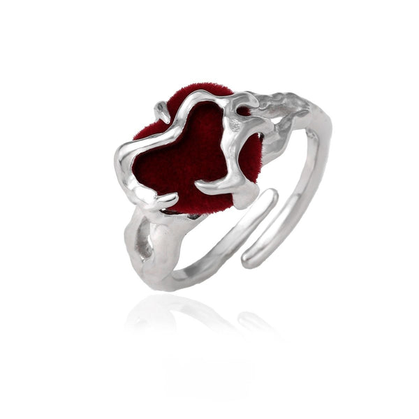 FJW S925 sterlings silver cute red flocking heart adjustable ring