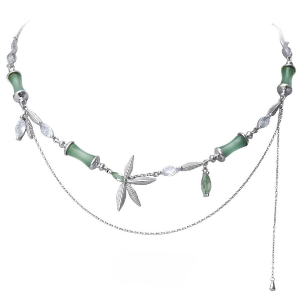 FJW S925 sterling silver natural breath green bamboo natural aventurine stone necklace