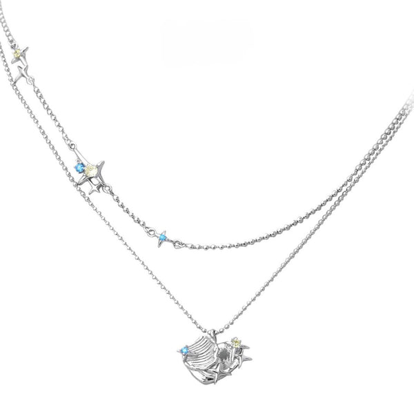 FJW S925 sterling silver love heart double layer star shell necklace