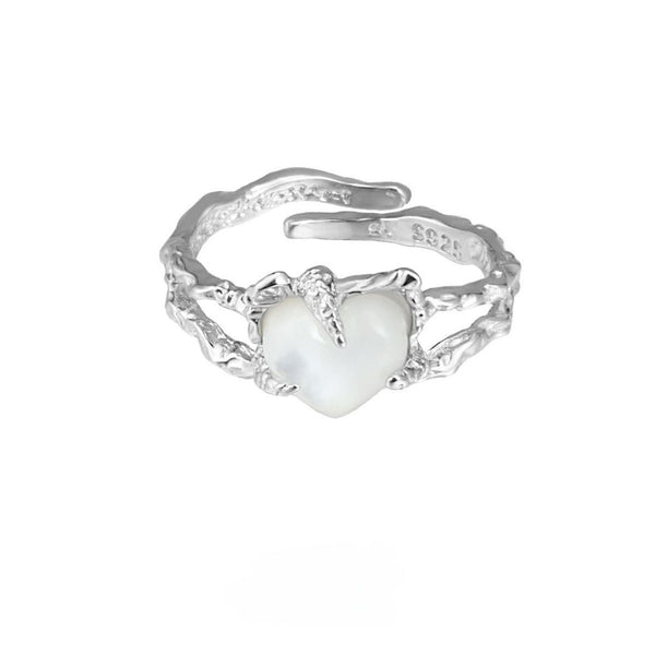 FJW S925 sterling silver simple white fritillary heart adjustable ring