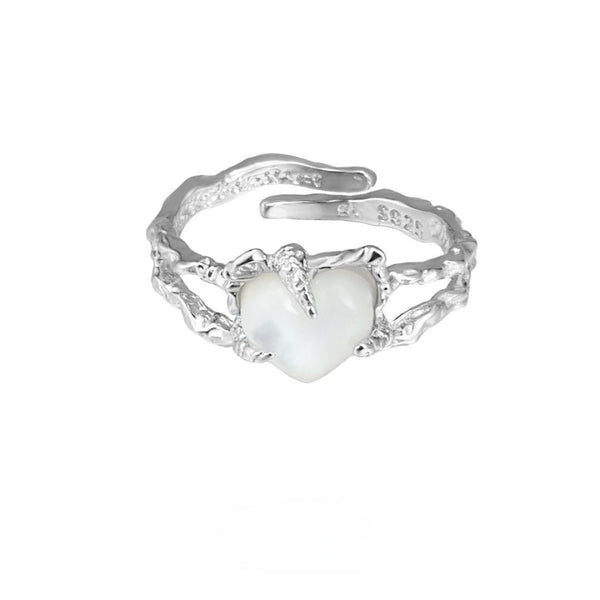 FJW S925 sterling silver simple white mother of pearl heart adjustable ring