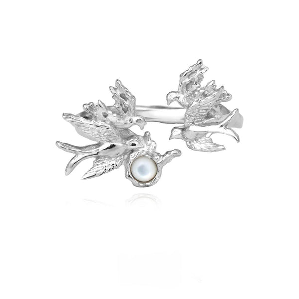 FJW S925 sterling silver flying birds pearl adjustable ring