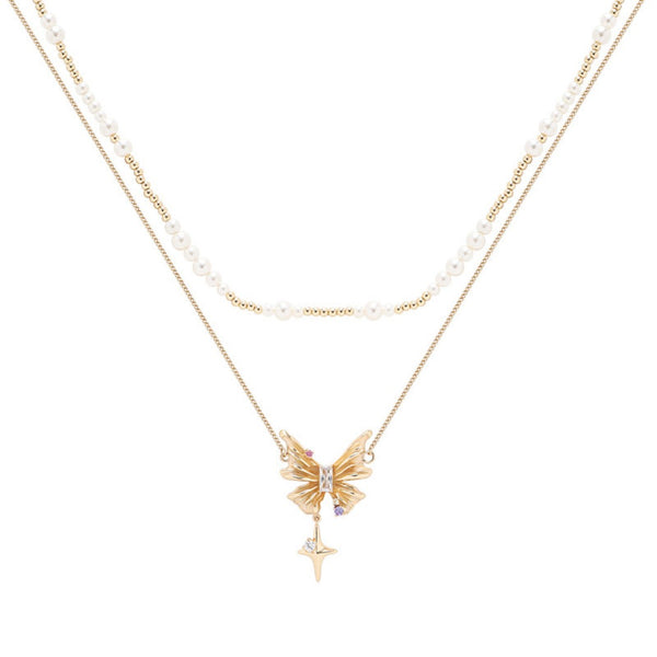 FJW elegant champagne sweet gold butterfly double layer pearl necklace