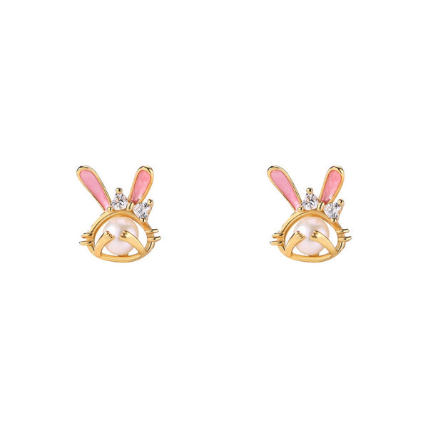 FJW S999 sterling silver pink cute pearl rabbit stud earrings