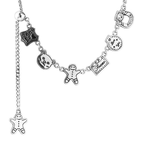 FJW S925 sterling silver cute graffiti gingerbread bear necklace