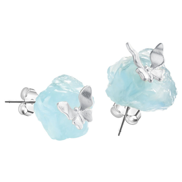 FJW S925 fresh natural aquamarine butterfly stud earrings