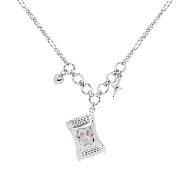 FJW cute pink cat's paw candy necklace