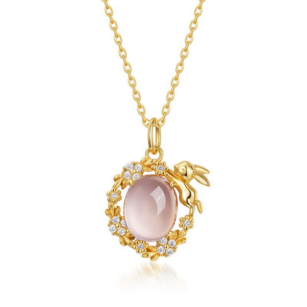 FJW 10K gold plated S925 pink crystal cute bunny waterproof necklace