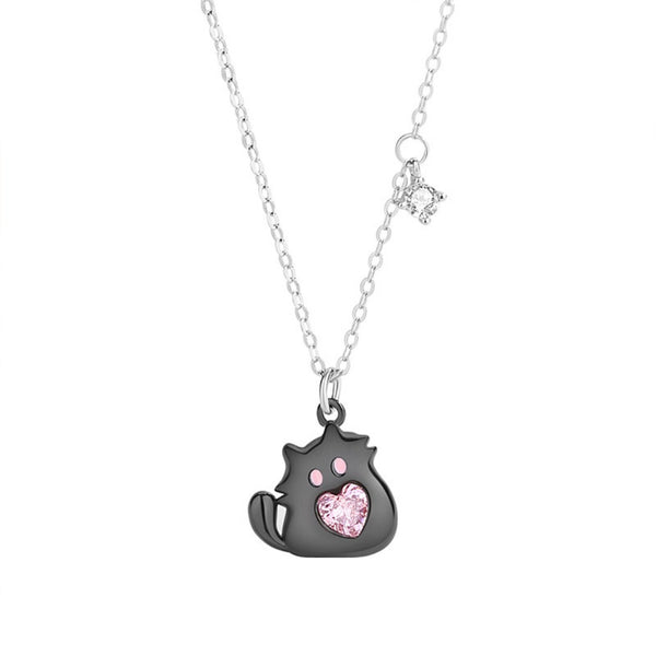 FJW S925 cute black pink sweetheart cat necklace