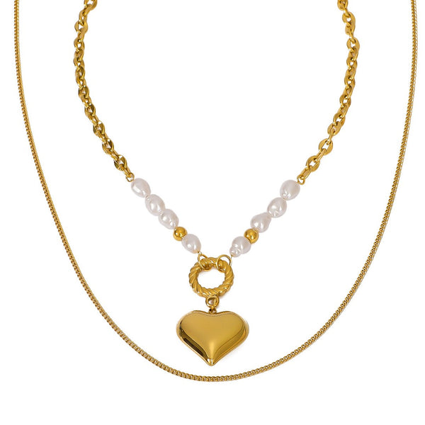 FJW fashion double layer gold heart pearl necklace