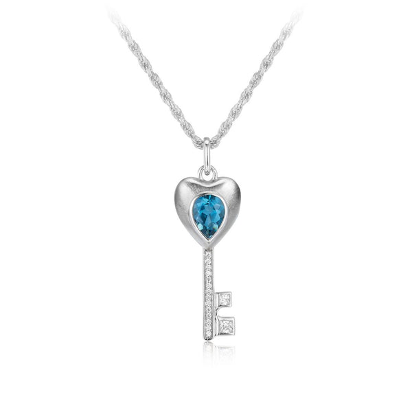 FJW S925 sterling silver natural blue topaz heart key necklace