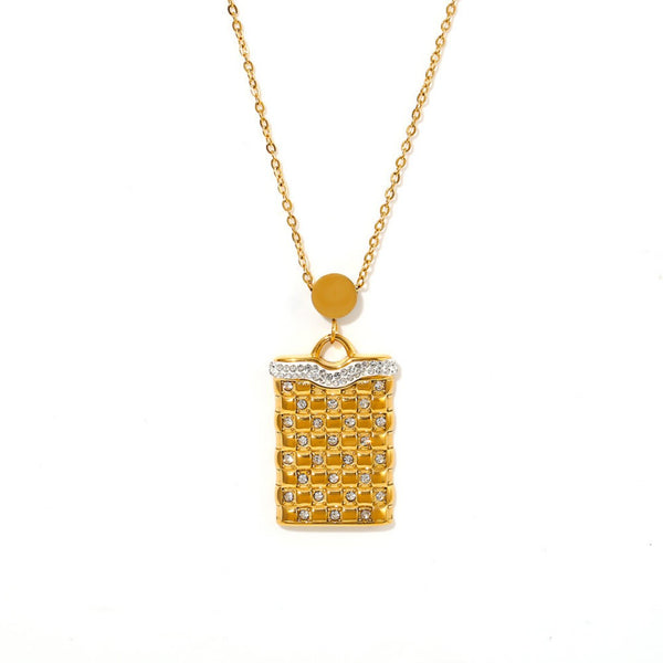 FJW minimal sweet rectangular checkered plate 18K real gold plated necklace