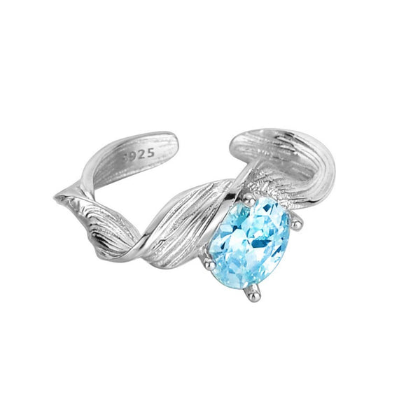 FJW S925 sterling silver tree texture light blue zirconia adjustable ring
