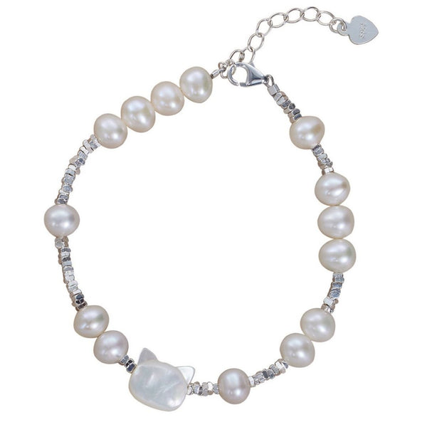 FJW gravel S925 sterling silver cute little cat pearl white shell bracelet