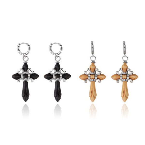 FJW retro S925 stud wooden cross earrings