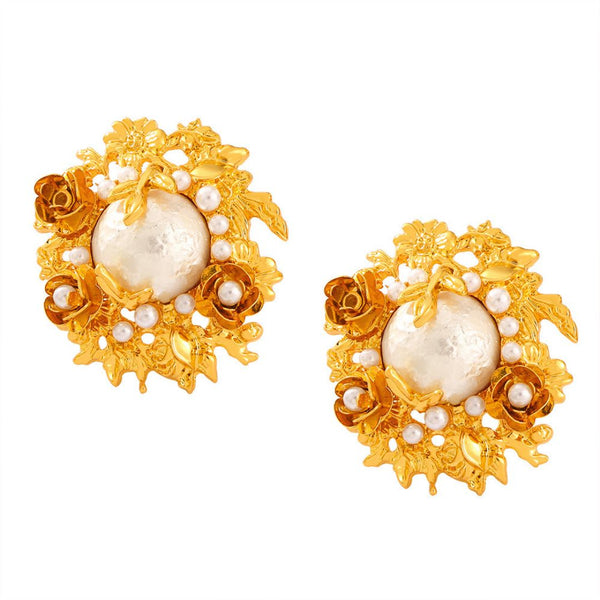 FJW freshwater pearl elegant gold flower stud earrings