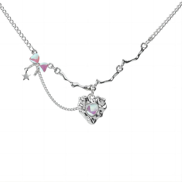 FJW sweet matching pink bow heart moonstone necklace