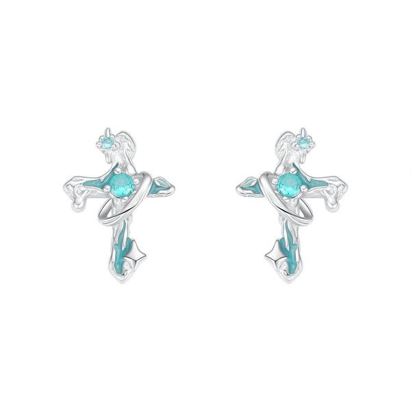 FJW S925 sterling silver unique blue liquid cross stud earrings