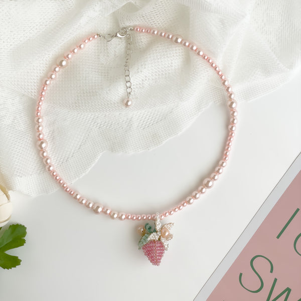 FJW handmade jewelry pink sweet strawberry pearls necklace fairy pendant